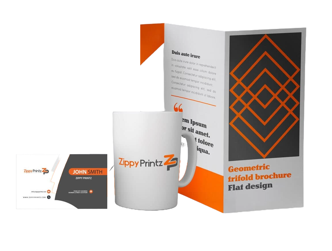 zippy printz card, tumbler, and brochure